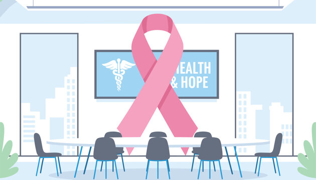 Pink breast cancer awareness ribbon stands prominently in a modern corporate boardroom with city views.