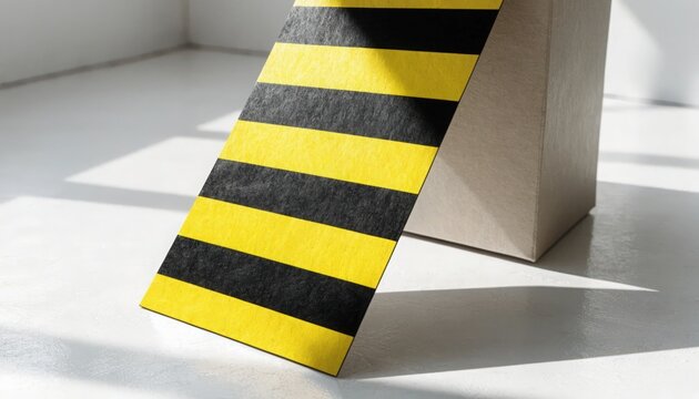 Black and yellow striped tag leaning against a cardboard box