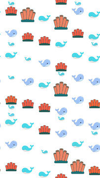 Cartoon whales and coral seamless pattern