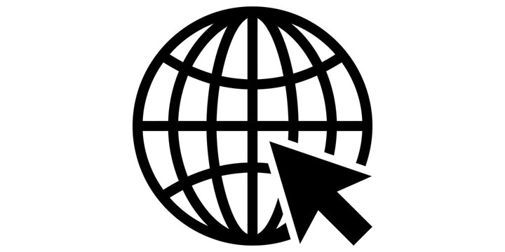 Global network icon with world globe and computer mouse pointer arrow.