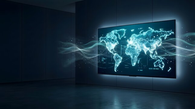 Digital world map glowing on a dark wall with abstract data flow lines