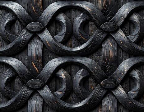 Seamless pattern of interlocking tatewaku undulating band grid in black ebony wood texture