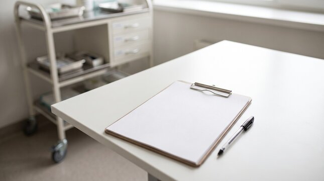 Blank clipboard with pen on a white medical desk in a bright sterile hospital clinic setting clean minimalist workspace with blurred medical trolley background soft lighting for healthcare m