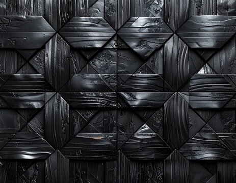Seamless pattern of interlocking banded stripe block grid in black urushi lacquer texture