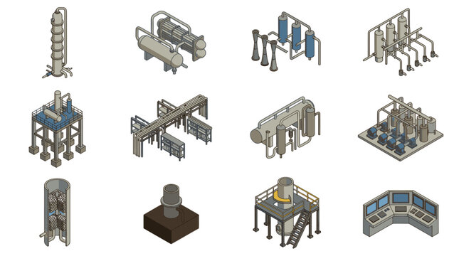Modern Isometric Illustrations of Industrial Equipment and Chemical Processing Units in Blue Gray and White