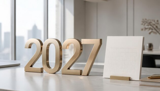 Gold 2027 year numbers and desktop calendar on office table
