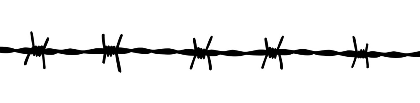 Black barbed wire horizontal silhouette on transparent background, for security concepts, grunge borders, or war themed art.

