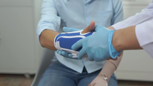 Hand injury bandage care with medical wrist support and clinic blood pressure check