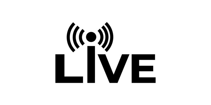 Black live streaming signal icon for broadcast media digital interface.