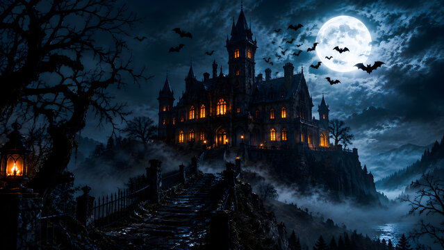 Spooky gothic castle glowing under bright full moon illumination with eerie flying bats swarming across dark stormy clouds and stone bridge leading toward illuminated windows during magical night time