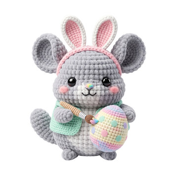 Charming handmade crochet chinchilla character wearing bunny ears and a mint green vest while holding a paintbrush and a colorful decorated Easter egg t-shirt, tshirt, png, shirt