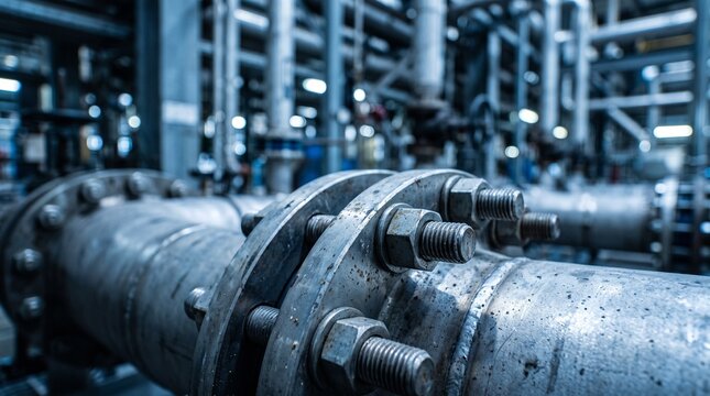 Close up view of heavy metal industrial pipes with bolted flanges in a manufacturing plant setting featuring shallow depth of field and blue toned professional lighting for engineering conce