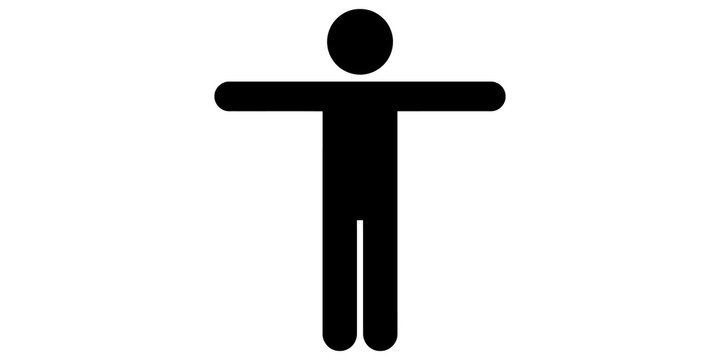 Man standing with arms outstretched stick figure icon on transparent background.