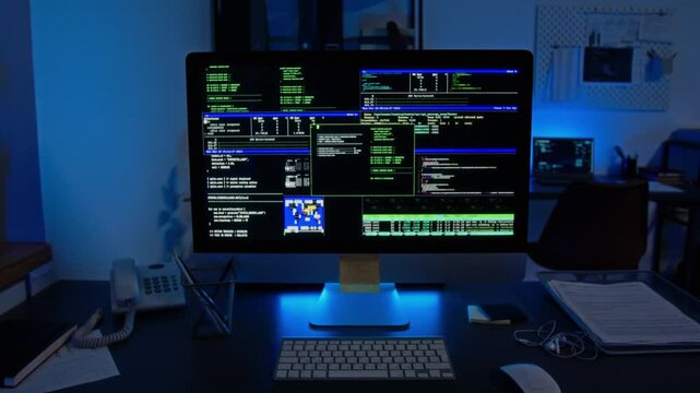 Computer monitor displaying running code scripts and network security data on office desk. Footage suitable for cybersecurity marketing, software engineering, and data science projects