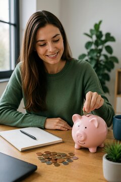 Young woman putting coin into piggy bank at desk. Financial planning, savings budget, and new year resolution goals concept