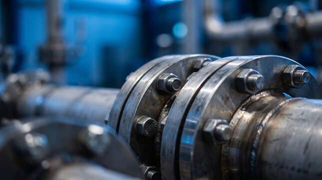 Industrial stainless steel piping system with bolted pipe flanges in a factory setting showing detailed mechanical connections and metal craftsmanship in a blue-toned technological environme