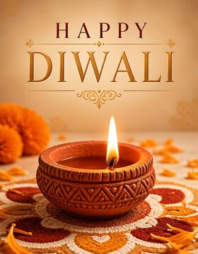 Clay diya oil lamp lit for happy diwali festival of lights on rangoli with festival celebration tradition decoration religion spiritual prosperity greetings