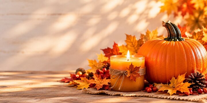Orange pumpkin beside a glowing candle in a glass jar decorated with twine and a small autumn leaf. Colorful maple leaves, red berries and pinecones surround the arrangement on a rustic wooden table, 