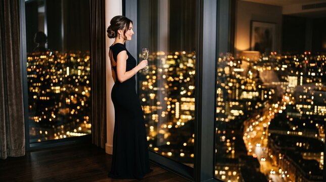 Elegant Woman in Black Dress Holds Champagne Glass Overlooking City Lights at Night