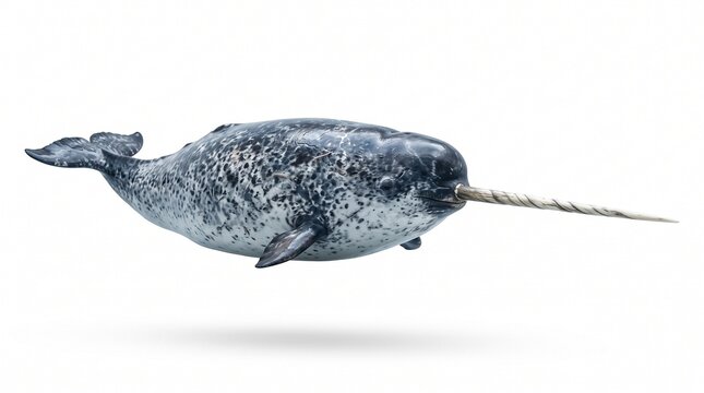 Narwhal swimming horizontally with its long spiral tusk extending forward against a clean white backdrop.