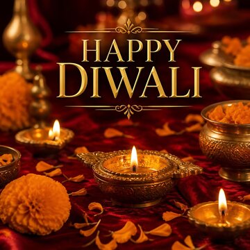 Golden lit diya oil lamps on ornate festive fabric for happy diwali celebration with festival celebration tradition religion decoration marigold seasonal greetings