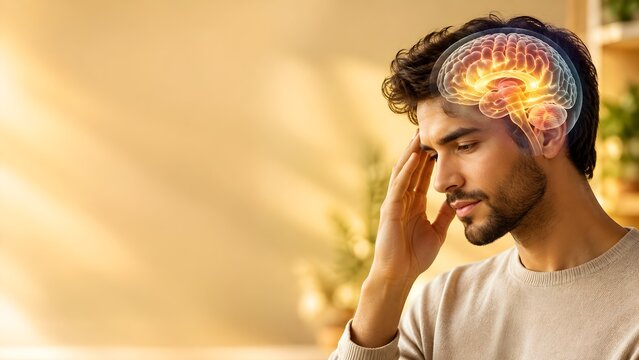 Thoughtful man touching his head with a glowing digital brain overlay headache thinking intelligence cognition psychology analysis reflection pressure confusion neurology abstract