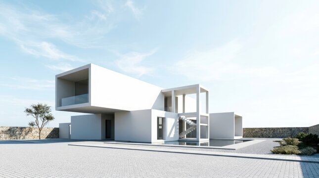 A modern, minimalist house sits on a paved area, with a staircase leading to a second-level entrance. The house features a boxy design with large windows and a clean, white exterior.