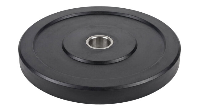 Black rubber weight plate with metal center on a transparent background