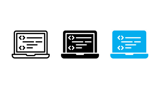 Laptop coding icon design set vector illustration featuring programming code