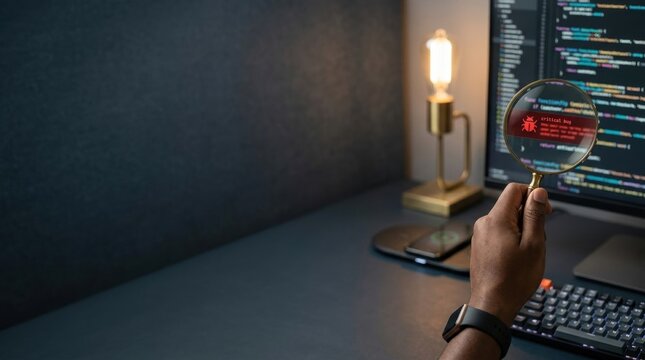Programmer examining code on computer screen through magnifying glass, digital data analysis, bug detection, software development, cybersecurity