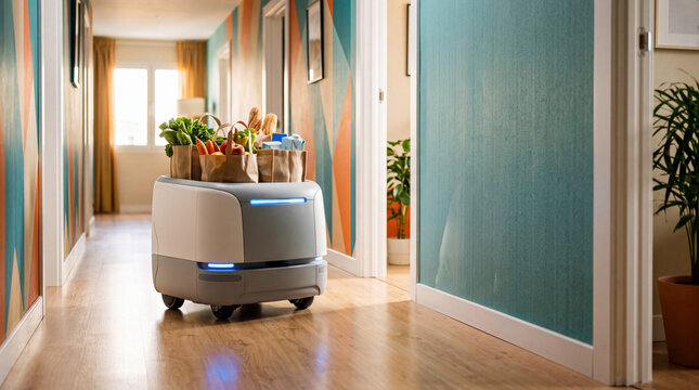 Delivery robot carrying groceries indoors