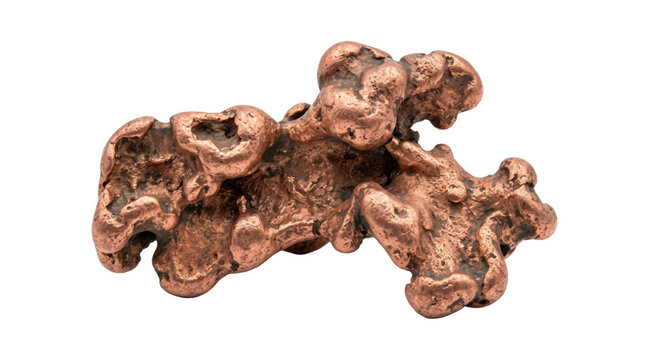 Raw copper nugget with irregular surface shape on a transparent background