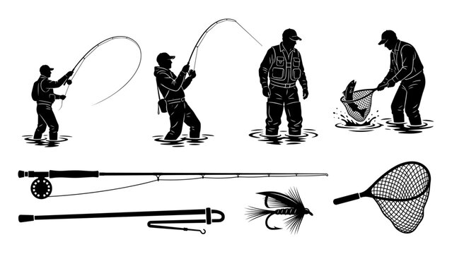 Outdoor recreation vector silhouette collection of fly fishermen casting lines in rivers, including isolated fishing rod and lure props.
