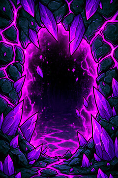 Comic book magical crystal cavern with violet shards, cel shading and vivid fantasy poster glow