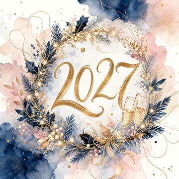 Winter Greenery Wreath With Gold Berries Around New Year 2027