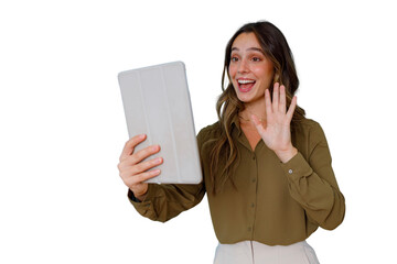 Woman having video call on tablet, smiling and waving, communicating online, using digital technology © Komora