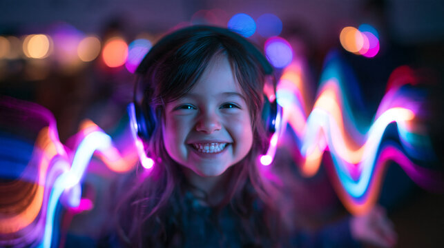Happy Little Girl Wearing Glowing Headphones Listening to Music