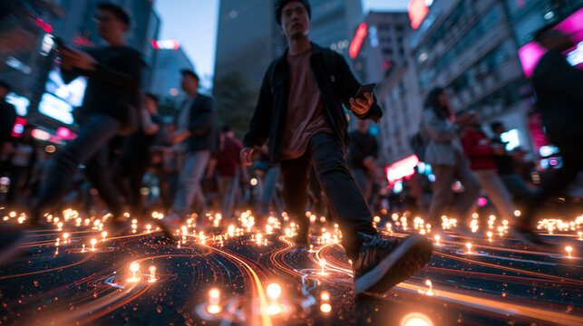 People Walking on Glowing Data Network in Smart City