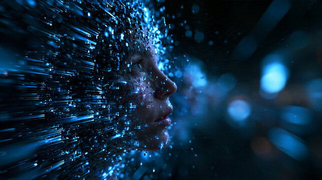 Digital Human Face Dissolving into Data and Light