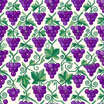 Stylized Purple Grapes and Vines Seamless Pattern Background