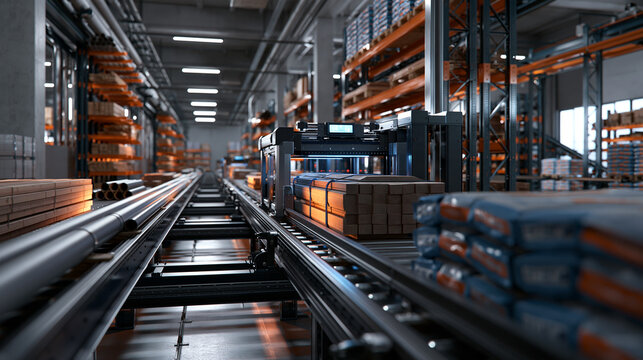 Automated Conveyor System Moving Goods in Modern Industrial Warehouse