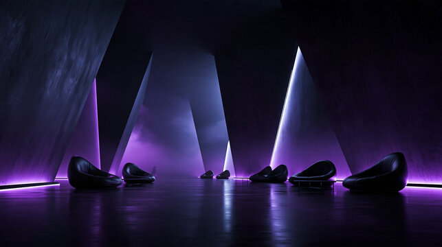 Futuristic Modern Lounge Interior with Purple Neon Lighting