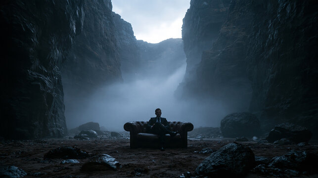 Businessman Sitting on Sofa in Foggy Rocky Canyon