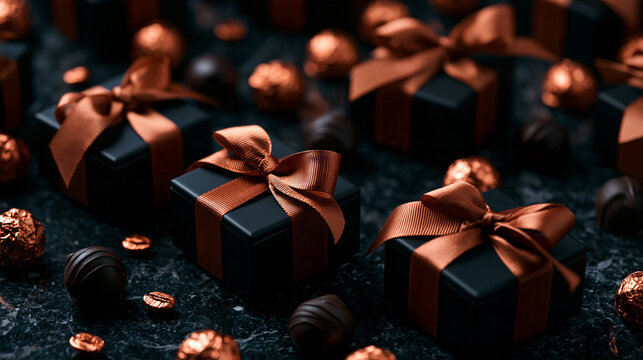 Luxury Black Gift Boxes with Bronze Ribbons and Chocolates