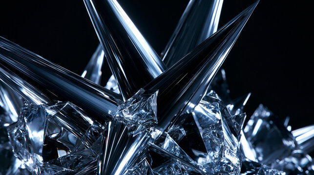 Abstract Chrome Crystal Spikes on Dark Background
