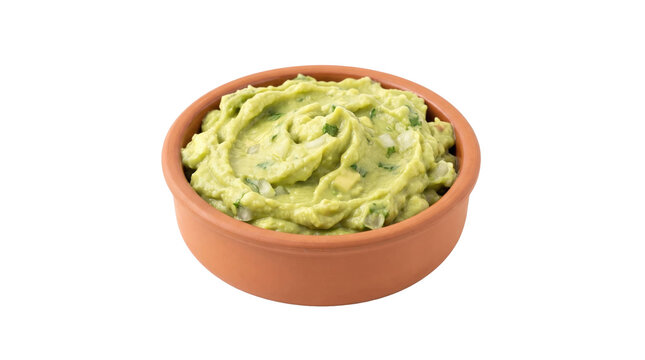 Fresh guacamole in clay bowl on a transparent background