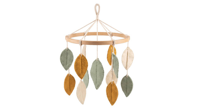 Handmade leaf-themed mobile with fabric leaves on a transparent background
