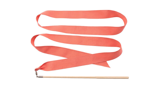 Pink rhythmic gymnastics ribbon with wooden stick on a transparent background