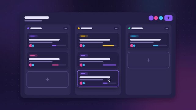 Kanban task board animation, project management SaaS interface, seamless loop, violet dark mode
