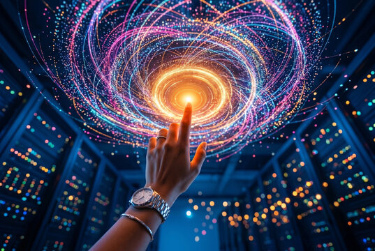 Hand data center server digital technology glowing swirl futuristic innovation energy